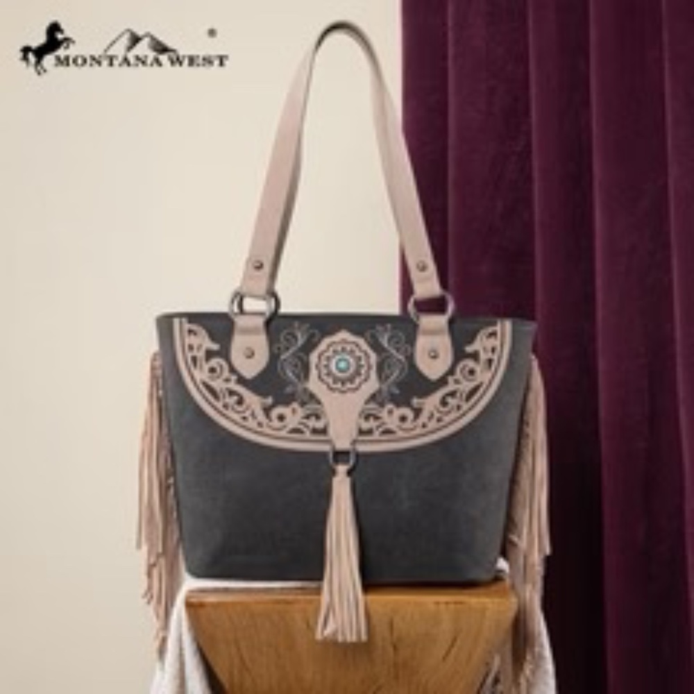 Montana West Embroidered Concealed Carry Tote with Wallet Set Black NWT - Picture 2 of 4